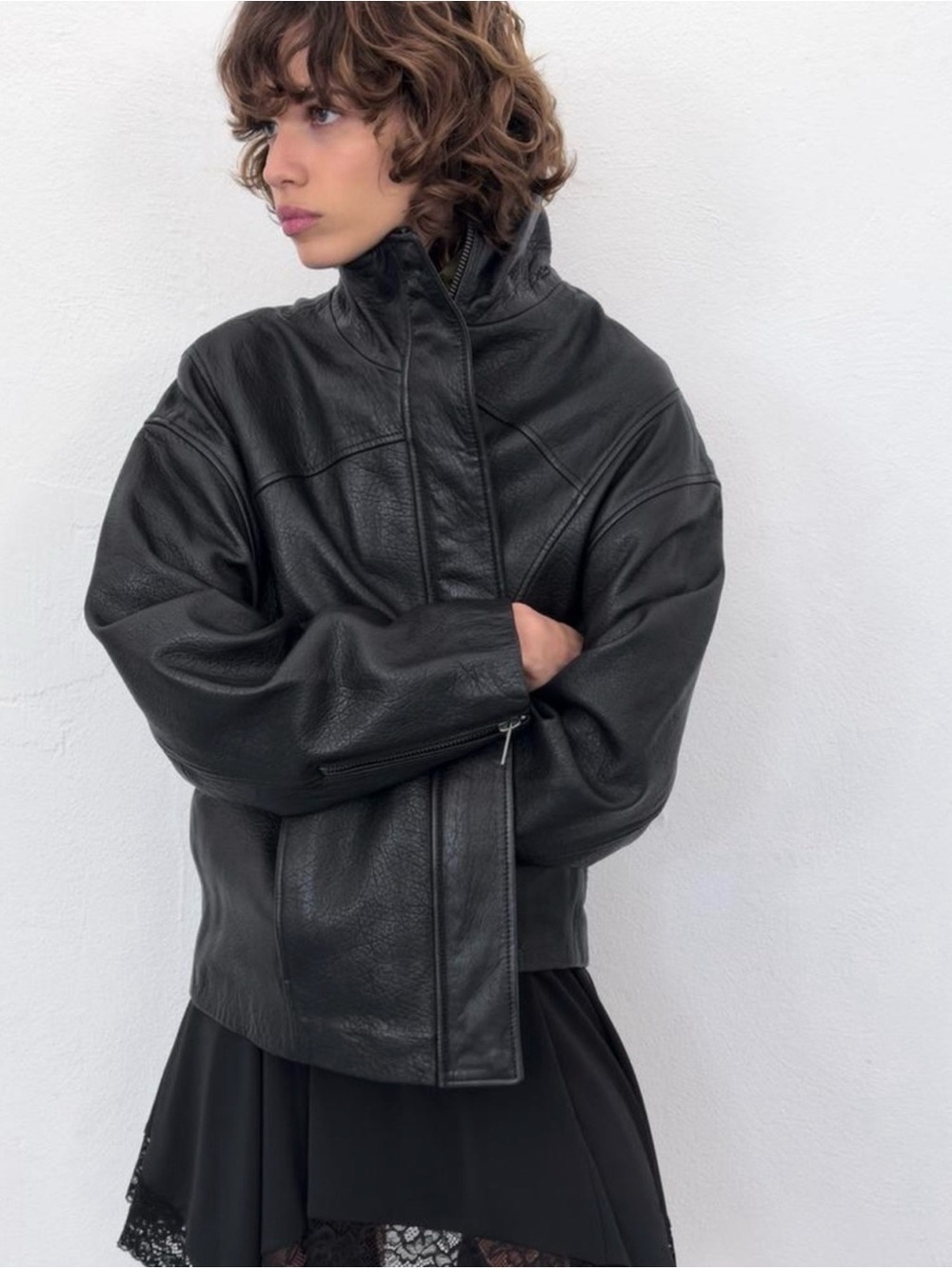 Zara 100% Leather High-Neck Zip Jacket